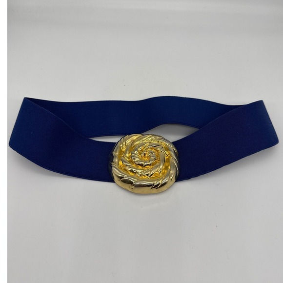 Vintage 1985 Pearl Blue Elastic Cinch Belt Gold Swirl Buckle Medium 26-28 Waist - Picture 5 of 12